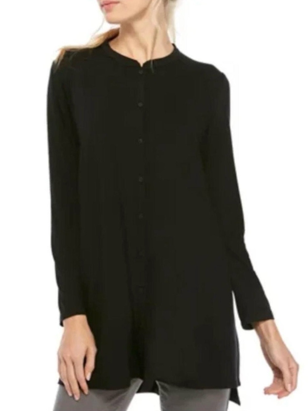 Eileen Fisher Black 100% Silk Button Front Tunic Top XS Long Sleeve